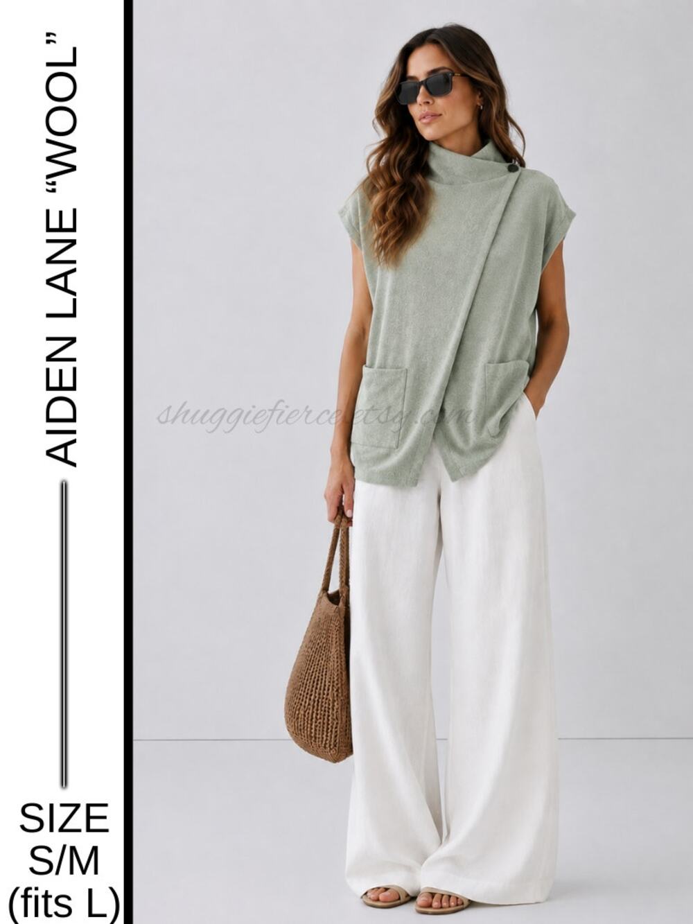 MSRP $110 ✨Aiden Lane Wool Blend Bouclé Poncho Vest – Sage Green S/M Fits to XL✨